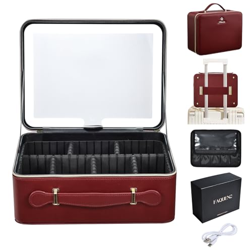Faquenc Leather Makeup Case with LED Lighted Mirror 11.4 Inch Travel Makeup Bag Adjustable Brightness in 3 Colors Cosmetic Organizer Artist Storage Bag with Dividers Brush Holder Bag Vanity Red - color: Red 11.4 Inch, size: 2-Medium