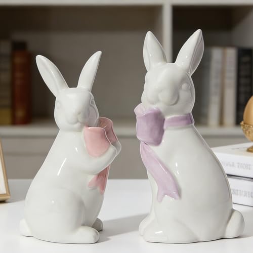 WDS WONDROUS 2PCS Easter Decoration Bunny Decor - Spring Easter White Rabbit Sculpture, Ceramic Statues with Bow for Farmhouse Home Decor Tabletop Shelf Mantel Dining Table Centerpiece