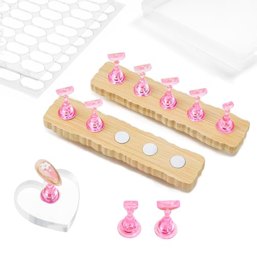 Nail Stand for Press On Art Display Practice 2 Sets, 1 Heart Acrylic Magnetic Nail Stands, Fake Nail Holder Tips, 200 PCS Double-Sided Tape, DIY Kit Home Supplies (Wood And Pink, Medium) - color: Wood And Pink, size: Medium