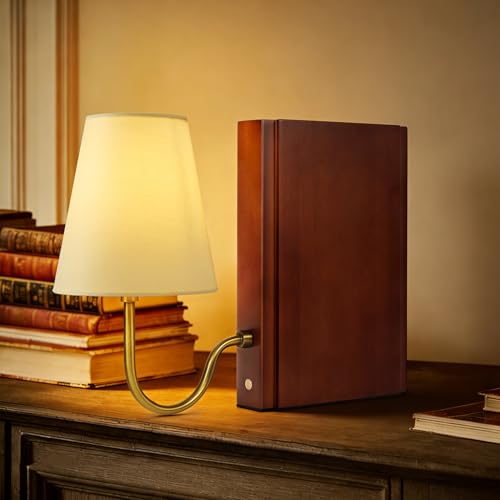 AELS Wooden Bookshelf Lamp with Bulb, Cordless Touch Dimmable Table Lamp with Linen Fabric Shade, Battery Operated, Modern Decorative Bookend, Book Sconce for Office Home Bedroom Bookshelf, Dark Brown - color: Dark Brown, size: Rechargeable Model