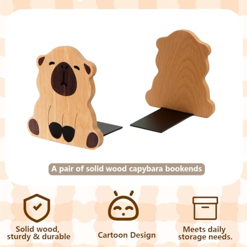 1 Pair Capybara Wood Bookends,Simple Cartoon Animal Capybara Design Non-Skid Beech Wood Bookends Desk Organizer Book Stand Book Holder Shelf Shelves Holder for Home School Office Library Decorative