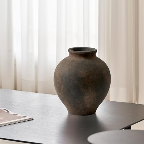 LB2 Brown Ceramic Large Vase, 11.8" Tall Zen Style vase, Terra Cotta Pitcher, Distressed Farmhouse Decor, Pottery Decorative Flower for Home Decor (C - Brown 11") - color: C - Brown 11.8"