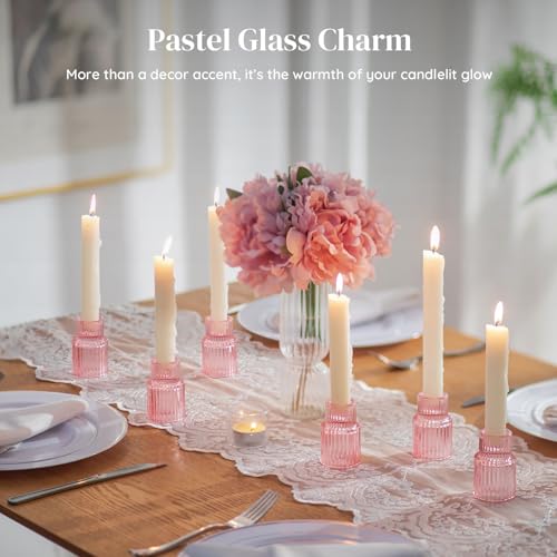 Glasseam Glass Tapered Candlestick Holders: 2 Pcs Ribbed Pink Candle Sticks Holder Decor Modern Fluted Taper Candle Holders for Table Centerpiece Pink Wedding Decor Valentine Dinner Parties - color: Pink
