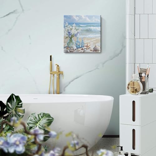 Blue Beach Canvas Wall Art Coastal Floral Vase Wall Decor Picture Ocean Theme Seascape Starfish Conch Poster Print for Bathroom Bedroom Living Room Office Decoration 12x12in - size: 12"L x 12"W