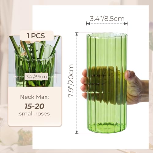 ComSaf Glass Cylinder Vases, Bud Vase for Centerpieces, 8 Inch Tall Ribbed Vase Hurricane Floating Candle Holder, Decorative Flower Vases for Wedding Reception, Home Decor, Housewarming Gift (Green) - color: Green
