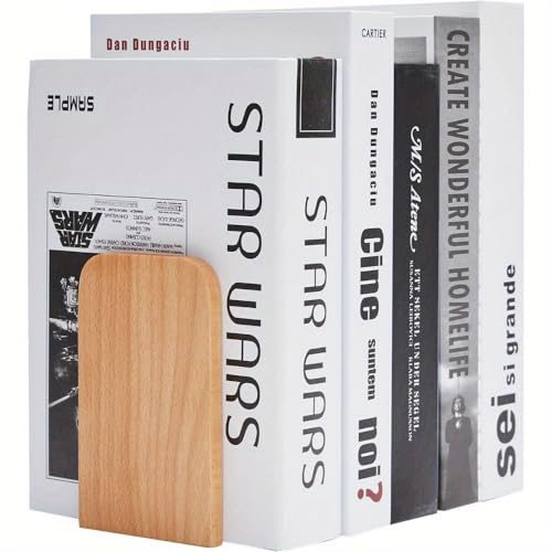 Heavy Duty Wooden Bookends Non Slip Book Shelf Holder for Books CDs and DVDs Stylish Home Office Accessory (Beige)