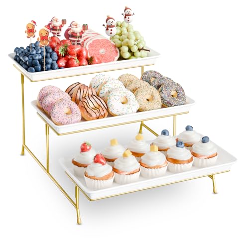 3-Tier Melamine Serving Tray Set, 14"x7" Platters for Serving Food, White Reusable Trays with Golden Metal Display Stand for Cupcakes, Sevring Food, Dessert, Fruit, Cookie, 24K Gold-Plated - color: Gold, size: 14" x 7"