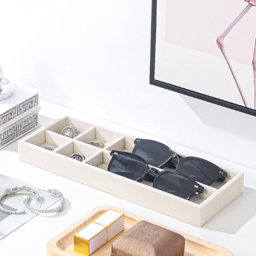 2Pcs Desk Drawer Storage Tray, Nightstand Organizer, Necklace Bracelet Ring Earring Jewelry Display, Grid Table Organizer Holder for Sunglass, Phone, Watch, Perfume (6 grid)/Beige - color: Beige, size: 6 Grid