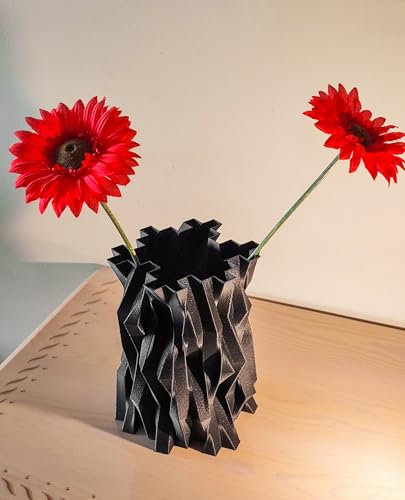 Geometric Black Vase Modern Abstract Wavy Decorative Vase, Faceted Sculptural Home Décor Centerpiece for Table or Shelf