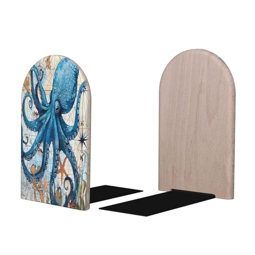 Decorative Bookends 2 Pcs Vintage Blue Sea Octopus World Map Wood Bookends for Shelves Heavy Books Kids Non-Skid Book Ends Stoppers for Office Desk Kitchen School - color: Vintage Blue Sea Octopus World Map