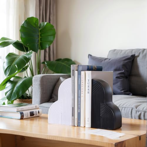 Black and White Decorative Bookends for Shelves Set of 2 – Heavy Duty Resin Book Ends, Modern Minimalist Geometric Book Stoppers for Heavy Books, Boho Aesthetic Shelf Decor for Home, Office, Library - color: White and Black