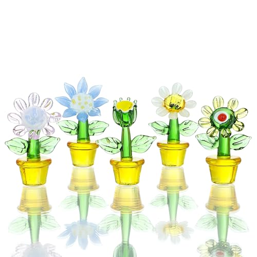 H&D HYALINE & DORA 5pcs Handcraft Glass Blown Flowers Plants Figurines Mini Glass Art Flowers Collectibles Home Office Tabletop Garden Simulation Plants Decor Car Inner Ornaments - color: Flowers Plants