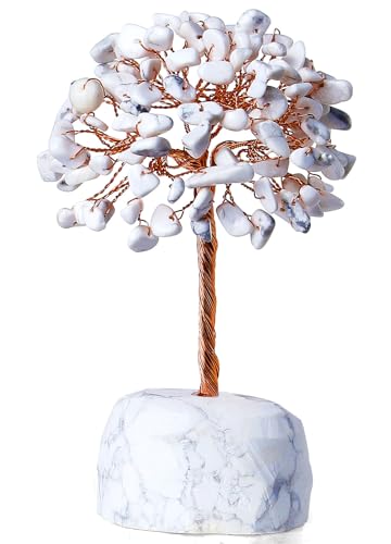 QINJIEJIE White Howlite Healing Crystals Tree Decor Natural Stone Crystal Reiki Gemstone Base Copper Wire Money Tree of Life Home Office Decor Spiritual Energy Feng Shui Good Luck Gift - color: White Howlite, size: 5.2 in
