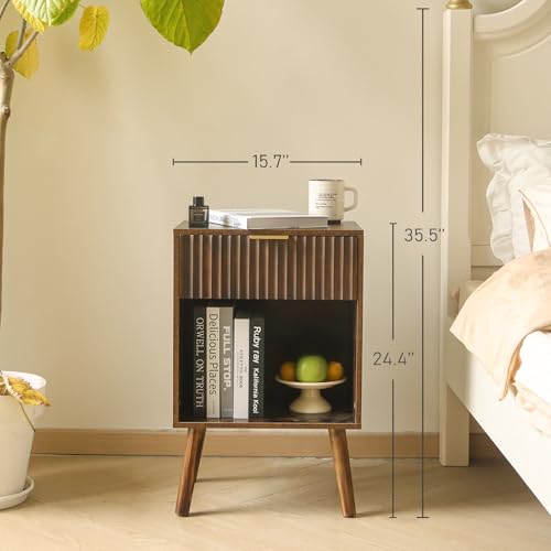 Fultyle Mid Century Modern Nightstand, Wood Bedside Table with Drawer and Opening Storage, End Table Living Room Fluted Night Stand with Solid Wood Legs for Bedroom (Rustic Brown) - color: Rustic Brown