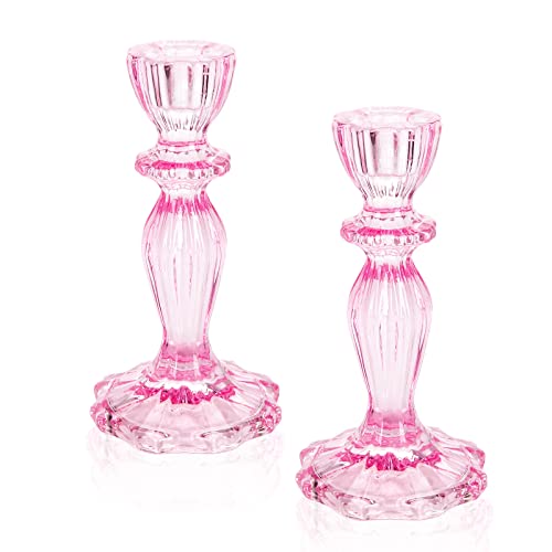 Glass Candle Holders, 2PCS Decorative Candle Stand Wide Base Candlestick Holder Table Centerpiece Decor for Wedding Festival Party Windowsill, Pink - color: Pink