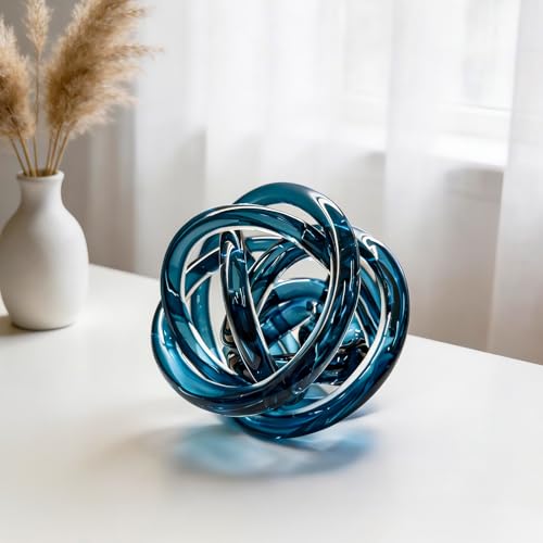 Glass Knot Teal Decor Ball - 5 Inch Hand Blown Infinity Sculpture Orbit Home Decor Table Decoration Interio Art - color: Navy Blue, size: 5-Inch Diameter