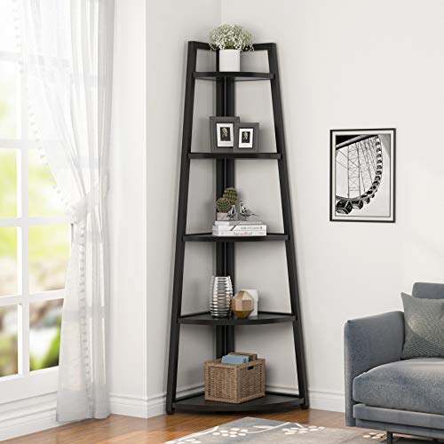 Tribesigns 70 inch Tall Corner Shelf, 5 Tier Modern Corner Bookshelf Bookcase Industrial Corner Ladder Shelf Plant Stand for Living Room, Kitchen, Home Office (Black) - color: Black