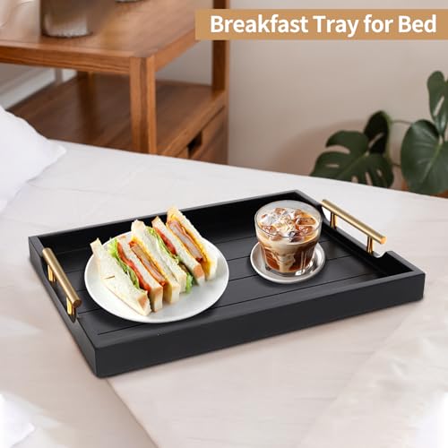 SXNOWS Coffee Table Trays - Large Ottoman Tray for Living Room -Wood Serving Tray with 2 Sets of Handles - Wooden Tray for Coffee Table, 4 Round Coasters Included, Black - color: Black
