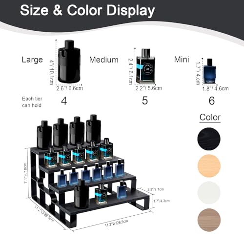 4 Tier Perfume Organizer for Dresser,Black Wood Cologne Stand for Men,Mens Shelf Decor for Bedroom,Perfume Holder for Bathroom,Risers Display Stands for Makeup,Party,Figures,Cupcake(Width=11.2") - color: Black, size: 4 Tiers-width=11.2"
