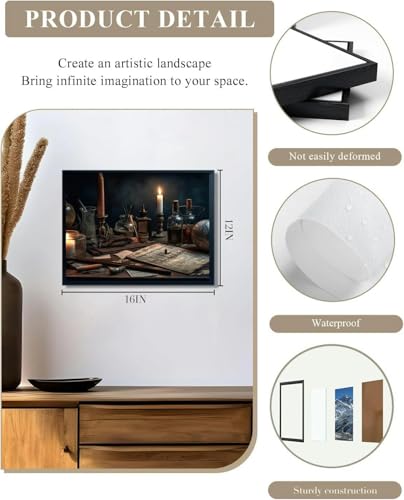 A table topped lots different types objects generative Dark academia Black Framed Canvas Wall Art for Living Room Bedroom Kitchen Bathroom Prints Pictures Wall Decor Posters Painting Artwork 12x16