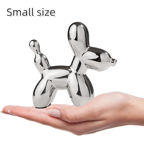 Small Balloon Dog Statue Decor, Modern Ceramic Animal Statues Decorative Ornaments for Living Room Bedroom Bookshelf Coffe Table and Office Display (Silver) - color: Silver