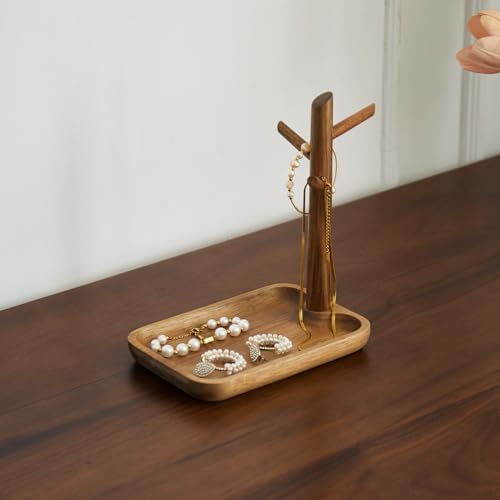 Solid Acacia Wood Key Tray and Bowl for Entryway Table - Jewelry Tray With 3 Hooks, Open Storage for Wallet, Glasses, Watches, Lipstick (Acacia, small) - color: Acacia, size: Small
