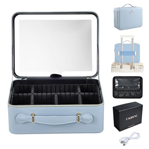 Faquenc Leather Makeup Case with LED Lighted Mirror 11.4 Inch Travel Makeup Bag Adjustable Brightness in 3 Colors Cosmetic Organizer Artist Storage Bag with Dividers Brush Holder Bag Vanity Blue - color: WA-Blue 11.4 Inch, size: 2-Medium