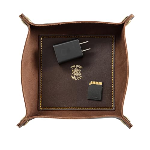 USA Handmade Premium Leather Valet Tray, Folds Flat! Dice Rolling Basket and Organizer with Brass Rivets (Brown Gold, Medium) - color: Brown Gold, size: 5" x 5" x 2"