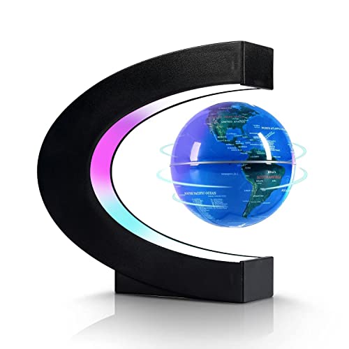 Flagest Magnetic Levitation Floating Globe, Levitating C Shape Globe with LED Lights for Education Home Office Desk Bookshelf Decor, Holiday Anniversary Creative Gift(3.3 Inches) - color: Blue