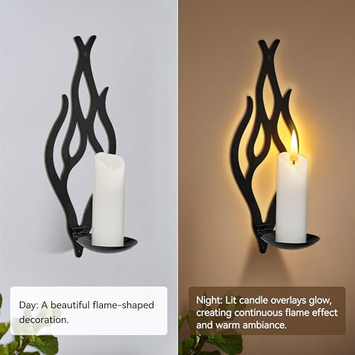 Wall Candle Sconces Set of 2, Modern Minimalist Metal Candle Holders for Pillar, Tealight, and LED Candles, Flame-Shaped Decorative Wall Decor for Living Room Dining Room (Black) - color: Black Flame-shaped