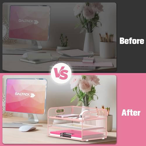 DALTACK 3 Tier Paper Organizer with Handle, Mesh Metal Desk Organizer with Sliding Paper Trays for Letter/A4 Paper, Mail, Bills & Folders, Pink - color: Pink