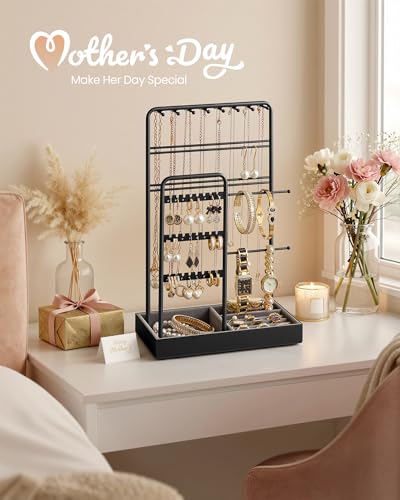 SONGMICS Necklace Holder, Jewelry Stand Holder Organizer, Jewelry Display with Metal Frame, Velvet Tray,Earring Bracelet Holder, for Gift Idea, 4.5 x 7.7 x 12.1 inch, Ink Black UJJS021B01 - color: Ink Black, size: 4.5"D x 7.7"W x 12.1"H