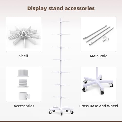 Upgraded Retail Display Stand 7 Tier Spinning Display Stand, Movable Shop Spinner Rack with Hooks, Retail Display Racks for Jewelry Keyring Hats Socks Toys (White) - color: White, style: 7 Tier-5 wheels