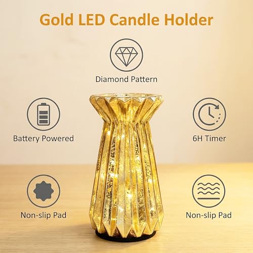 Home Decor, Mercury Glass Pillar Candle Pedestal Holders with 10 Led Lights, Lighted up Candle Holder for Pillar Candle, Candlestick Holders with Timer for Wedding Home Dining Table Xmas (Gold) - color: Gold