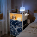 YCY Night Stand with Charging Station, LED Nightstand with USB Ports and Outlets, Metal Frame Side Table with 3 Fabric Storage Drawers, End Table for Bedrooms Living Room,White and Blue