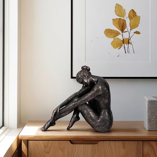 Home and Office Figurative Sculpture – Contemporary Resting Ballerina Artwork Statue for Living Room, Bedroom, Bathroom, or Shelf Decor – Artful Ornament for Modern Living – 14" Bronze & Copper - size: 14.0" H