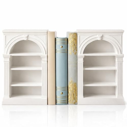2 Pcs White Bookshelf Decorative Bookends 3D Printed Plastic Bookshelf Designed Decor Bookstopper for Book Lovers Blank Decorative Holder for Mini Book Home Office Decor