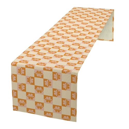 Pastel Checkered Flower Table Runner Cute Plaid Girls 70s Flower Aesthetic Funky Hippie Groovy Colorful Abstract for Kitchen Dining Table Home Party Decor Table Runners 13x36in - color: Beige-orange-2, size: 13x36in