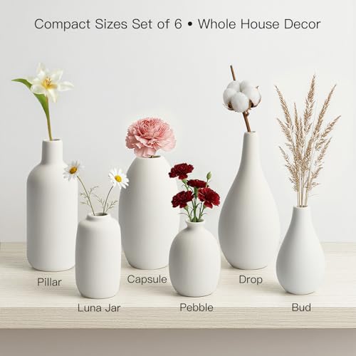 BEAHOT Ceramic Vases Set of 6, White Contemporary Decorative Flower Vases, Modern Design for Living Room - size: 6 set