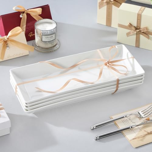 MALACASA Serving Platters Set of 4, Ceramic Serving Platters and Trays for Serving Food, Rectangular Serving Trays for Party, Large Serving Plates, Party Serving Trays and Platters - 14 Inch, White - size: 14 Inch