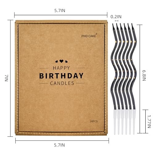 PHD CAKE 24-Count Black Gold Spiral Long Thin Birthday Candles, Cake Candles, Birthday Parties, Wedding Decorations, Party Candles - color: Black Gold