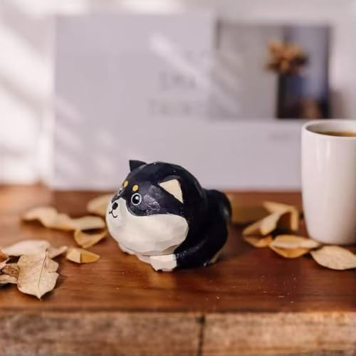 Hand Carved Black Shiba Inu Figurine with Round Wood Base – Cute Chubby Shiba Wooden Dog Statue, Handmade Desk Decor, Adorable Collectible Sculpture, Unique Gift for Dog Lovers & Pet Owners - color: Black Shiba Inu