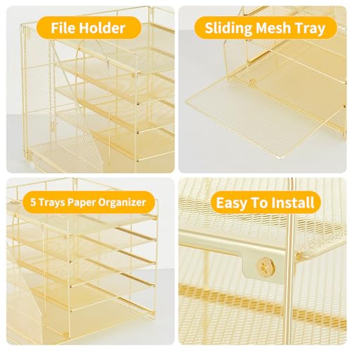 LEKETREE Desk Organizers and Accessories, 5-Tier Paper Letter Tray Organizer with File Holder, Desktop Organizer for Office Supplies (Gold) - color: Gold, size: 12" x 12" x 12"