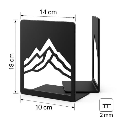 Metal Bookends for Shelves, Mountain Line Art Design, Heavy Duty Decorative Book Ends for Home Office, Black Iron Book Holder with Anti-Slip Base, Gift for Readers & Nature Lovers (1 Pair) - color: Black Sm