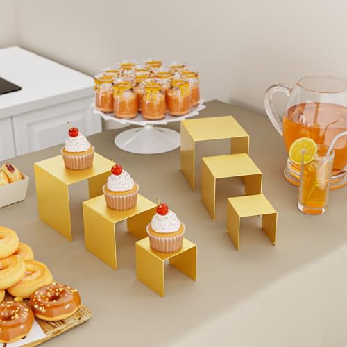 Matte Metal Display Stand,6 Pcs 2 Set Display Risers for Display, Metal Rectangular Display Shelf for Showcase, Dessert, Toys, Perfume (Gold, 3''x4''x5) - color: Gold, size: 3''x4''x5"