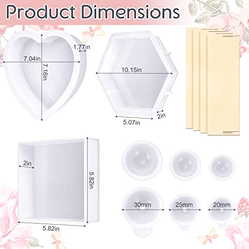 Potchen 3 Pcs Large Silicone Molds for Resin Activity Hexagon Glossy Deep Square Molds with 3 Pcs Round Epoxy Resin Patterns for Flowers Preservation DIY Making(Heart Style) - style: Heart Style