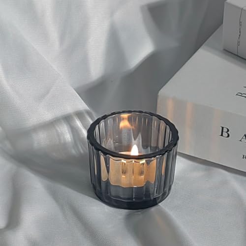 Clear Tealight Candle Holder Set of 2,Glass Votive Candle Holders, Decorative Round Ribbed Candle Holders for Home Decor (Gray) - color: Gray