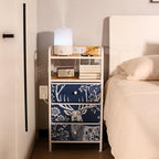 YCY Night Stand with Charging Station, LED Nightstand with USB Ports and Outlets, Metal Frame Side Table with 3 Fabric Storage Drawers, End Table for Bedrooms Living Room,White and Blue