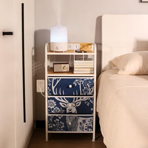 YCY Night Stand with Charging Station, LED Nightstand with USB Ports and Outlets, Metal Frame Side Table with 3 Fabric Storage Drawers, End Table for Bedrooms Living Room,White and Blue