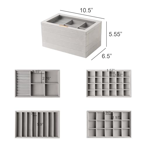 Frebeauty Stackable Jewelry Trays, Velvet Drawer Jewelry Organizer with Glass Lid,5 in 1 Multi-Functional Jewelry Storage for Earrings Necklaces Rings, 10.5 x 6.5 x 5.55 Inches Gift for Women(Grey) - color: Grey, size: Set5-A